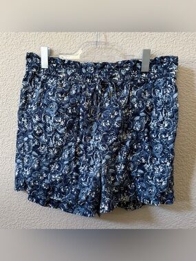 Lauren Ralph Lauren Size 14 Navy Floral Tissue 100% Linen Shorts Stretch Waist
